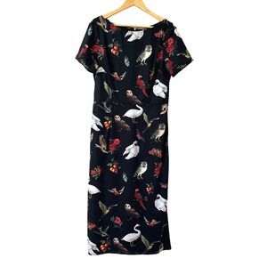 eShakti Bird Owl Swan Print Midi Dress Black Short Sleeve XL 16 Whimsigoth